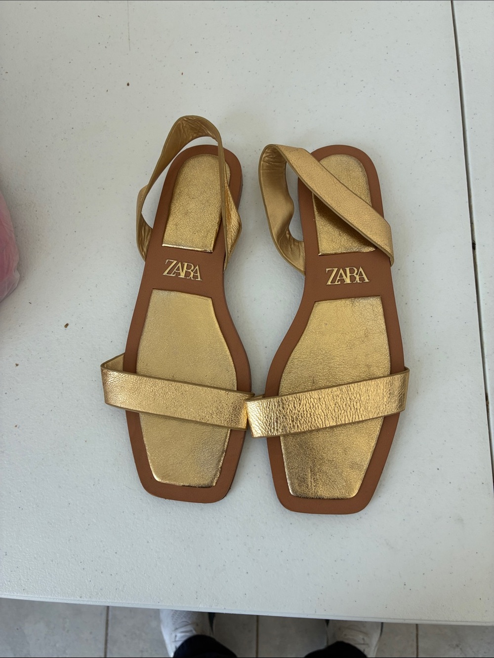 Zara Metallic Gold Strappy Leather Slingback Sandals
